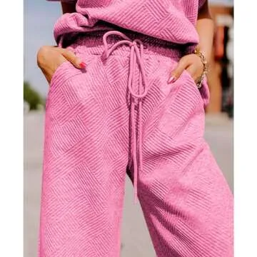SeeLuNa Women's 2 Piece Outfits Textured Sweatsuit 3/4 Batwing Sleeve Crew Neck Pullover Top Wide Leg Pant Tracksuit Set(Pink,L)
