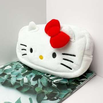 Rondlaho Kitty Travel Cosmetic Bag with Mirror, Large Capacity Cartoon Cosmetic Pouch Makeup Bag with Zipper, Plush Travel Toiletry Bag Makeup Accessories Organizer, Makeup Pouch for Women