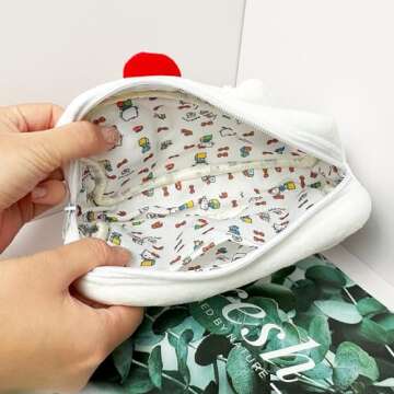 Rondlaho Kitty Travel Cosmetic Bag with Mirror, Large Capacity Cartoon Cosmetic Pouch Makeup Bag with Zipper, Plush Travel Toiletry Bag Makeup Accessories Organizer, Makeup Pouch for Women