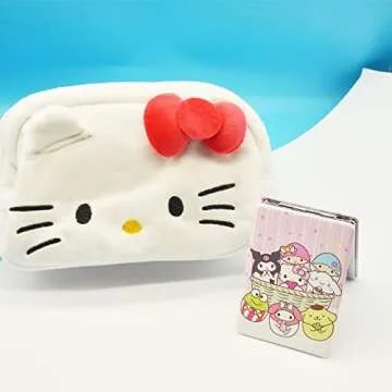 Rondlaho Kitty Travel Cosmetic Bag with Mirror, Large Capacity Cartoon Cosmetic Pouch Makeup Bag with Zipper, Plush Travel Toiletry Bag Makeup Accessories Organizer, Makeup Pouch for Women