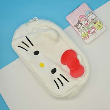 Rondlaho Kitty Travel Cosmetic Bag with Mirror, Large Capacity Cartoon Cosmetic Pouch Makeup Bag with Zipper, Plush Travel Toiletry Bag Makeup Accessories Organizer, Makeup Pouch for Women