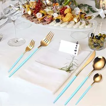 AARainbow 8 Pieces Stainless Steel Flatware Set Portable Reusable Cutlery Set Travel Utensils Set Including Chopsticks Knife Fork Spoon Straws Cleaning Brush Dishwasher Safe (Light blue Golden)