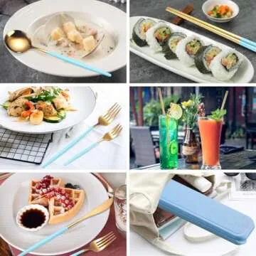 AARainbow 8 Pieces Stainless Steel Flatware Set Portable Reusable Cutlery Set Travel Utensils Set Including Chopsticks Knife Fork Spoon Straws Cleaning Brush Dishwasher Safe (Light blue Golden)