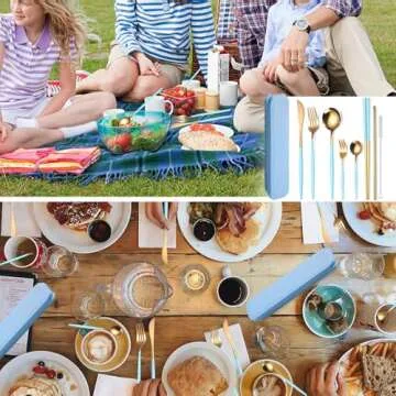 AARainbow 8 Pieces Stainless Steel Flatware Set Portable Reusable Cutlery Set Travel Utensils Set Including Chopsticks Knife Fork Spoon Straws Cleaning Brush Dishwasher Safe (Light blue Golden)