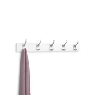 Amazon Basics Wall Mounted Modern Coat Rack, Rectangle, 5 Hooks, White