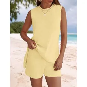 NENONA Womens 2025 Knitted Lounge Sets Sleeveless Tunic Top Matching Shorts Beach Vacation Set,Yellow,S