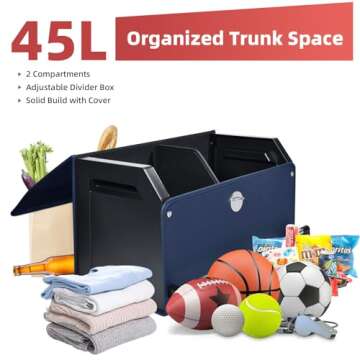 XCF Car Trunk Organizer, Push-pull Handle, Leather Collapsible 2 Compartments Car Organizers with Lid, Car Trunk Storage Organizer, Suitable for All Kinds of Cars, SUV, Minivan (Large, Blue)