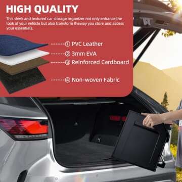 XCF Car Trunk Organizer, Push-pull Handle, Leather Collapsible 2 Compartments Car Organizers with Lid, Car Trunk Storage Organizer, Suitable for All Kinds of Cars, SUV, Minivan (Large, Blue)
