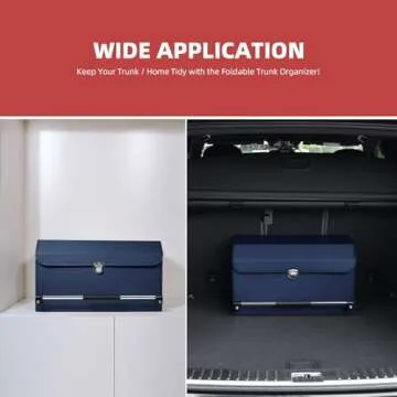 XCF Car Trunk Organizer, Push-pull Handle, Leather Collapsible 2 Compartments Car Organizers with Lid, Car Trunk Storage Organizer, Suitable for All Kinds of Cars, SUV, Minivan (Large, Blue)