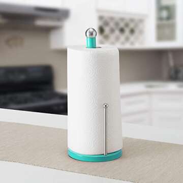Steel Paper Towel Holder by Home Basics (Turquoise), Standing Paper Towel Roll Holder for Kitchen | Bathroom with Weighted Base and Tear Arm For Easy Operation | Countertop Paper Towels Holder