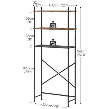 HOOBRO Over The Toilet Storage, 3-Tier Over Toilet Bathroom Organizer, Freestanding Above Toilet Shelf with Adjustable Feet, Space Saving, Easy Assembly, Rustic Brown and Black BF63TS01