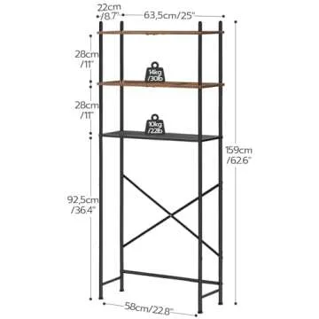 HOOBRO Over The Toilet Storage, 3-Tier Over Toilet Bathroom Organizer, Freestanding Above Toilet Shelf with Adjustable Feet, Space Saving, Easy Assembly, Rustic Brown and Black BF63TS01