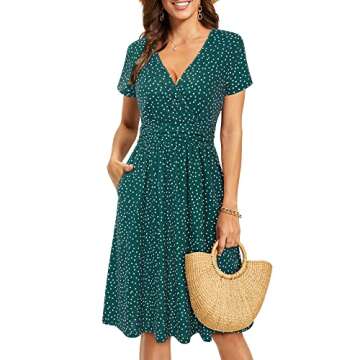 OUGES Women's 2025 Summer Short Sleeve V-Neck Floral Short Party Dress with Pockets(Green Polka Dot,S)
