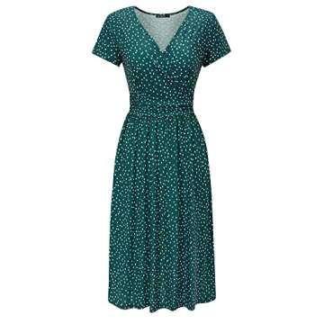 OUGES Women's 2025 Summer Short Sleeve V-Neck Floral Short Party Dress with Pockets(Green Polka Dot,S)