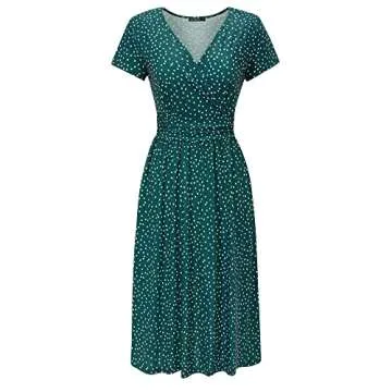 OUGES Women's 2025 Summer Short Sleeve V-Neck Floral Short Party Dress with Pockets(Green Polka Dot,S)