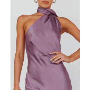 Sexy Satin Backless Halter Wedding Guest Dresses for Women Sleeveless Elegant Cowl Back Slit Midi Cocktail Dress Evening Gown Grape