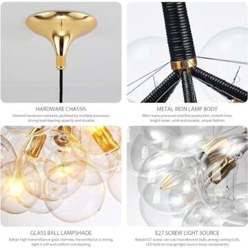 COOBATG Glass Ball Bubble Chandelier, Household Chandelier, Modern and Simple 4 Heads 12 Glass Golden Chandelier Glass Ball Staircase Bedroom Creative Children's Room Chandelier (Brown+Gold)