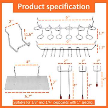 Thinksea Pegboard Hook Assortment 146 PCS Peg Board Accessories Peg Board Wall Hooks. Pegboard Hooks Assortment for Organizing Various Tools (Silver-146pcs)
