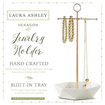 Laura Ashley Jewelry Stand Necklace Organizer and Earring Holder for Women, Polished Faux Rose Gold Metal Hanger Display Stand Tower with Hexagon Bowl Tray Dish, Stores Trinkets and Rings