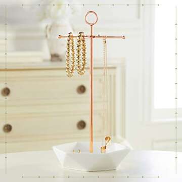Laura Ashley Jewelry Stand Necklace Organizer and Earring Holder for Women, Polished Faux Rose Gold Metal Hanger Display Stand Tower with Hexagon Bowl Tray Dish, Stores Trinkets and Rings