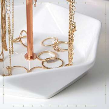 Laura Ashley Jewelry Stand Necklace Organizer and Earring Holder for Women, Polished Faux Rose Gold Metal Hanger Display Stand Tower with Hexagon Bowl Tray Dish, Stores Trinkets and Rings