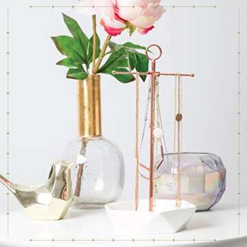 Laura Ashley Jewelry Stand Necklace Organizer and Earring Holder for Women, Polished Faux Rose Gold Metal Hanger Display Stand Tower with Hexagon Bowl Tray Dish, Stores Trinkets and Rings