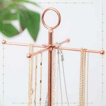 Laura Ashley Jewelry Stand Necklace Organizer and Earring Holder for Women, Polished Faux Rose Gold Metal Hanger Display Stand Tower with Hexagon Bowl Tray Dish, Stores Trinkets and Rings