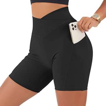 KUNISUIT Women Cross Waist Workout Shorts with Pockets 5" High Waist Booty Sports Biker Shorts (Black, M)