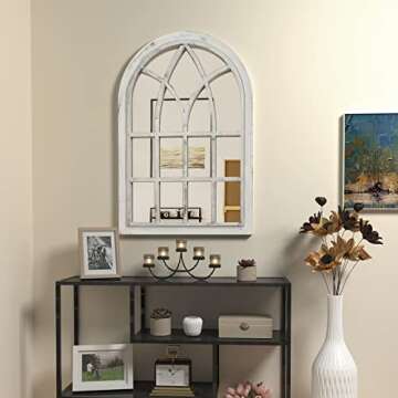 COGOOD Arched Window Mirror - White Plastic Farmhouse Wall Mirror, 36x24 Antique Windowpane Mirror for Living Room, Bathroom, Entryway
