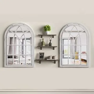 COGOOD Arched Window Mirror - White Plastic Farmhouse Wall Mirror, 36x24 Antique Windowpane Mirror for Living Room, Bathroom, Entryway