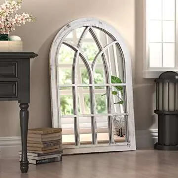 COGOOD Arched Window Mirror - White Plastic Farmhouse Wall Mirror, 36x24 Antique Windowpane Mirror for Living Room, Bathroom, Entryway