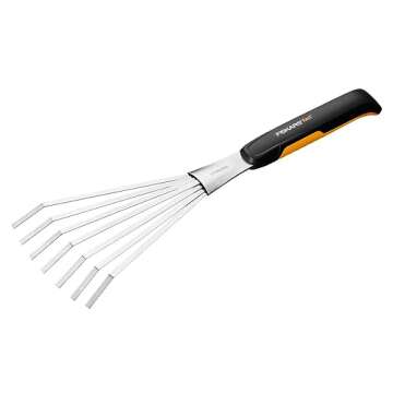Fiskars Xact Hand Rake, Heavy Duty Gardening Hand Tool with Ergonomic Handle and Hanging Hole for St...