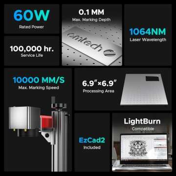 OMTech 60W MOPA Fiber Laser Marking Machine with LightBurn & Rotary Axis, 7" Work Area for Color Mar...