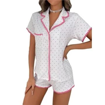 COZYEASE Womens Silky Pajamas Set Heart Print 2 Piece Sleepwear Short Sleeve Button Down Shirt with ...