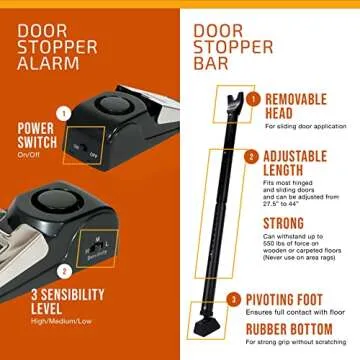 Door Stopper Alarm and Security Bar for Safety