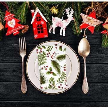 Gift Boutique - 100 Christmas Berries and Pine Guest Napkins Disposable Paper, Xmas Holly Berry Greenery Dinner Hand Napkin Towel for Home, Powder Room, Wedding, Party, Decorative Fingertip Towels