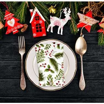 Gift Boutique - 100 Christmas Berries and Pine Guest Napkins Disposable Paper, Xmas Holly Berry Greenery Dinner Hand Napkin Towel for Home, Powder Room, Wedding, Party, Decorative Fingertip Towels