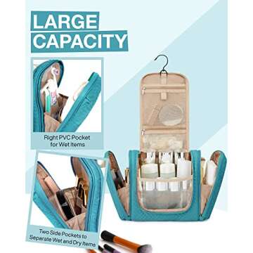 BAGSMART Travel Toiletry Bag for Women, Hanging Toiletry Bag with Hook, Travel Cosmetic Makeup Bag Travel Organizer for Accessories, Shampoo, Full Sized Container, Toiletries,Blue-Medium