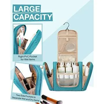 BAGSMART Travel Toiletry Bag for Women, Hanging Toiletry Bag with Hook, Travel Cosmetic Makeup Bag Travel Organizer for Accessories, Shampoo, Full Sized Container, Toiletries,Blue-Medium