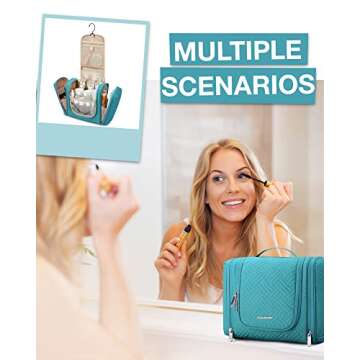 BAGSMART Travel Toiletry Bag for Women, Hanging Toiletry Bag with Hook, Travel Cosmetic Makeup Bag Travel Organizer for Accessories, Shampoo, Full Sized Container, Toiletries,Blue-Medium