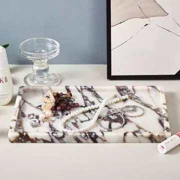 Denique Natural Luxury Calaccata Viola Marble Tray for Bathroom Countertop, 10.2" Vanity Tray Oval Deorative Tray, Countertop Organizer, Jewelry Dish Ring Holder for Dresser (12x8inch-Square)