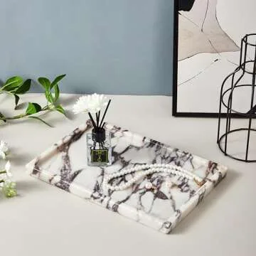 Denique Natural Luxury Calaccata Viola Marble Tray for Bathroom Countertop, 10.2" Vanity Tray Oval Deorative Tray, Countertop Organizer, Jewelry Dish Ring Holder for Dresser (12x8inch-Square)