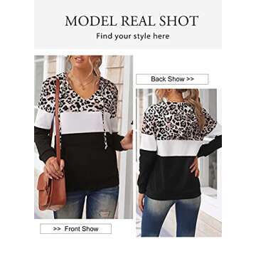 Sidefeel Women V Neck Leopard Print Color Block Long Sleeve Drawstring Hoodie Sweatshirt Comfy Lightweight Hooded Pullovers with Kangaroo Pocket Black X-Large