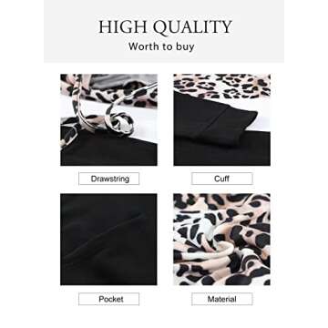 Sidefeel Women V Neck Leopard Print Color Block Long Sleeve Drawstring Hoodie Sweatshirt Comfy Lightweight Hooded Pullovers with Kangaroo Pocket Black X-Large