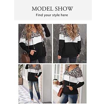 Sidefeel Women V Neck Leopard Print Color Block Long Sleeve Drawstring Hoodie Sweatshirt Comfy Lightweight Hooded Pullovers with Kangaroo Pocket Black X-Large