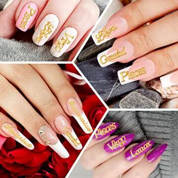 Yaomiao 48 Pieces Zodiac Word Message Charm Pendant Nail Charms Twelve Alloy Flatback Epoxy Resin Supplies Filling DIY Embellishment Jewelry Making Accessory, 12 Styles(Gold)