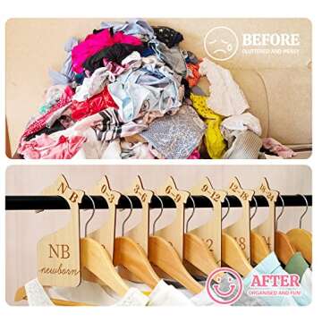 HOUÍSM Baby Closet Dividers Nursery Clothes Organizer, Baby Wooden Bundles with Birth Sign 5.9" and Keepsake Bag for Newborn to 24 Months, Timeless Engraved Design for Baby Girl Boy Room Decor