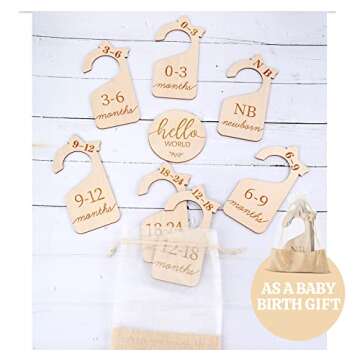 HOUÍSM Baby Closet Dividers Nursery Clothes Organizer, Baby Wooden Bundles with Birth Sign 5.9" and Keepsake Bag for Newborn to 24 Months, Timeless Engraved Design for Baby Girl Boy Room Decor