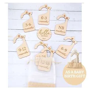 HOUÍSM Baby Closet Dividers Nursery Clothes Organizer, Baby Wooden Bundles with Birth Sign 5.9" and Keepsake Bag for Newborn to 24 Months, Timeless Engraved Design for Baby Girl Boy Room Decor