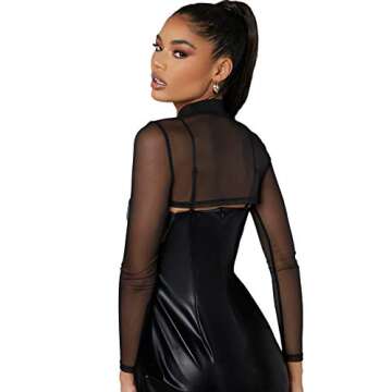 SweatyRocks Women's Long Sleeve Mock Neck Slim Fit Sheer Mesh Crop Shirt Top Black M